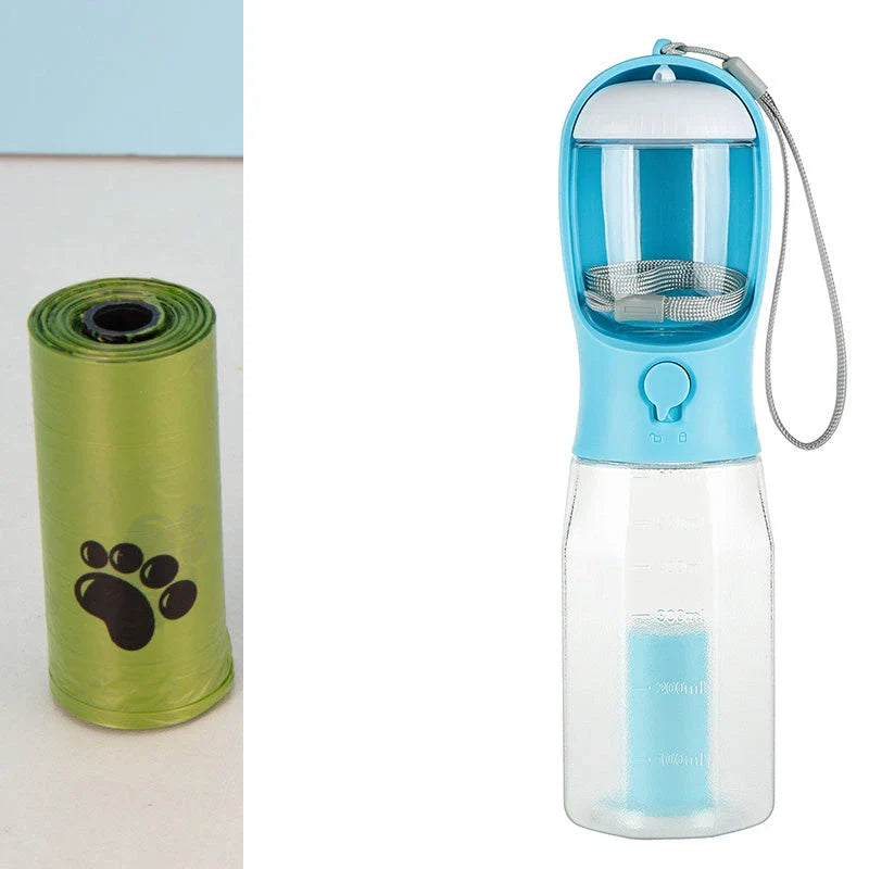 Multifunctional pet water bottle with built-in poop bag dispenser, available in turquoise, pink, and white colors
