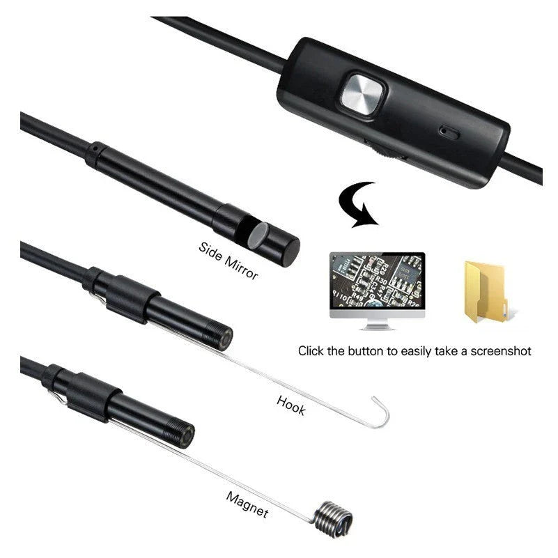 Versatile 3-in-1 smartphone endoscope camera with adjustable LED lighting, waterproof design, and various cord lengths for inspection and problem-solving