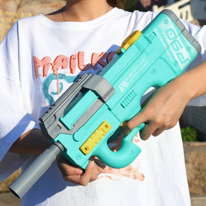 High-powered P90 electric water gun with long range and large capacity for outdoor summer fun