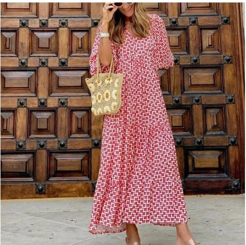 Boho Chic Midi Dress with Floral Print, V-Neck, and Short Sleeves
