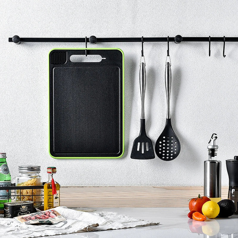 Versatile cutting board with thawing and sharpening functions, made of durable aluminum with grinding teeth and built-in whetstone