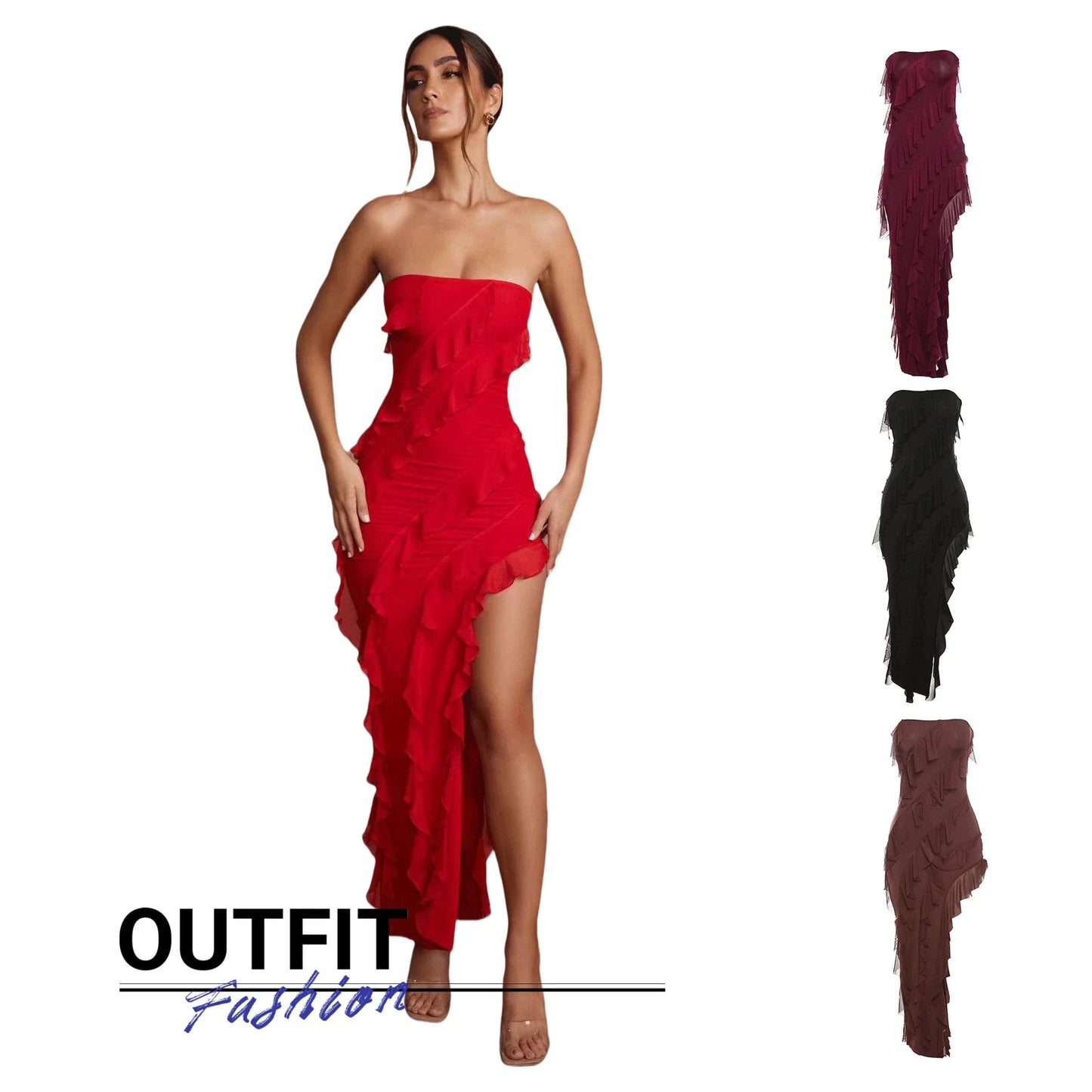 Stylish backless tube top dress with tassel accents in various colors, including black, wine red, red, and brown.
