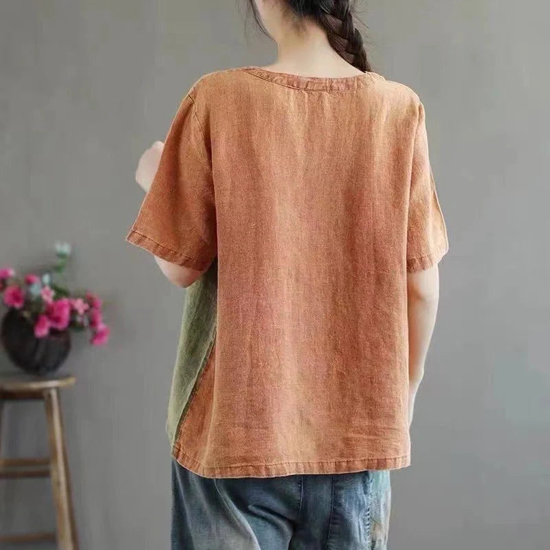 Cotton linen T-shirt for women with contrast colour collar and artistic design