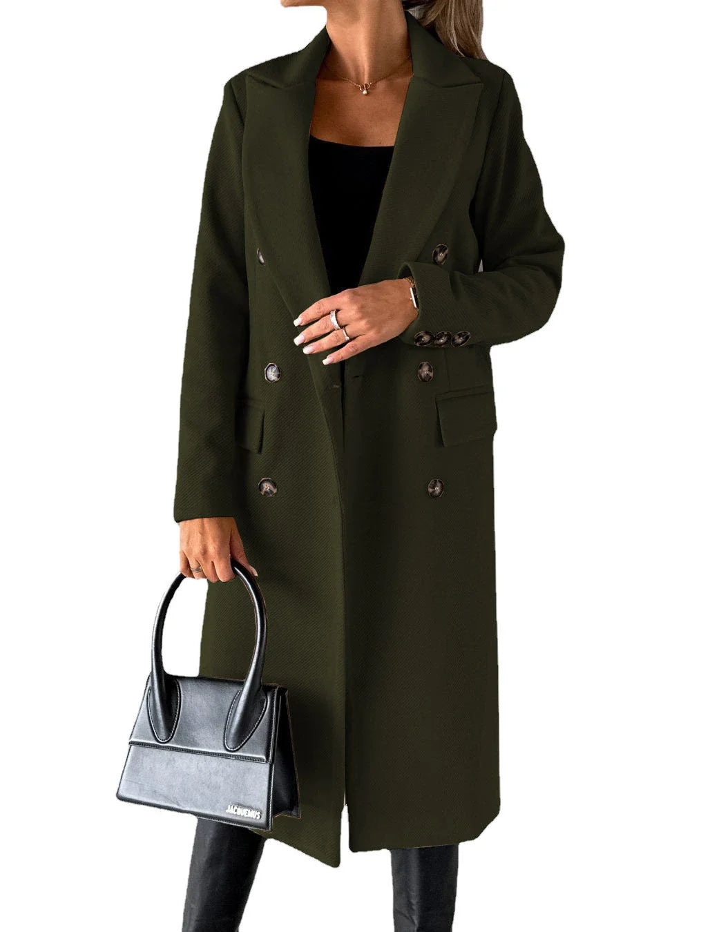 A stylish double-breasted winter coat made of premium polyester with a sleek lapel design and slim silhouette.