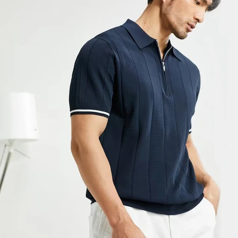 Men's stylish summer polo shirt with lapel zipper in white and dark blue