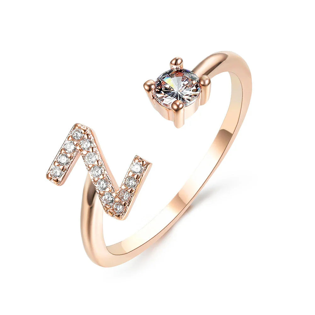 Personalized Initial Letter Crystal Ring with Adjustable Design in Gold, Silver, and Rose Gold Colors