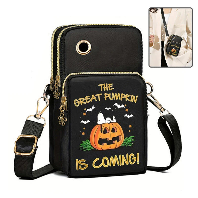 A black crossbody bag with a pumpkin pattern, perfect for Halloween celebrations and everyday use.