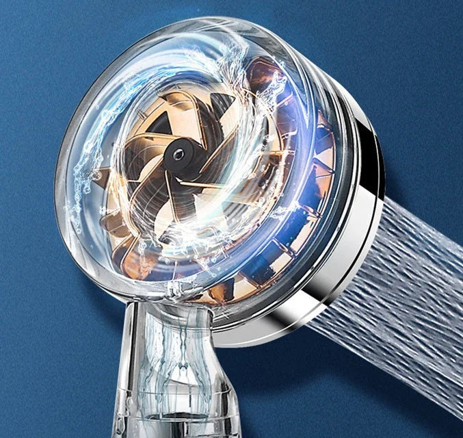 High-pressure turbo shower head with powerful water flow, made of durable ABS and stainless steel materials