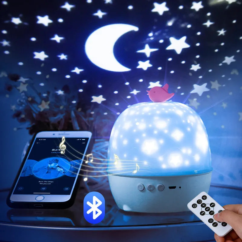 Children's starry sky LED projector with music, ABS shade, 3W, USB powered, 115.9 x 118.7 x 118.7 mm, with projection film and cable.