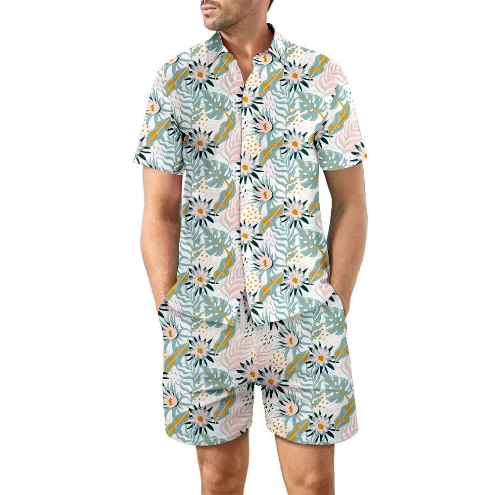 Stylish printed beach shirt and shorts set for men in various vibrant color designs