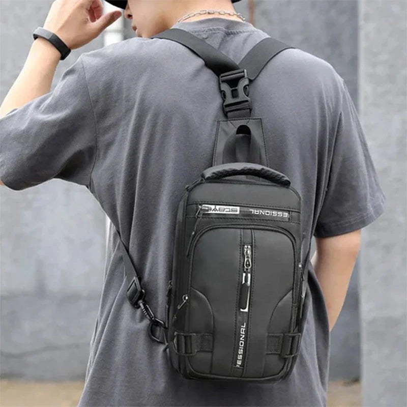 Versatile men's crossbody bag with multifunctional backpack, shoulder, and chest pack design in various colors
