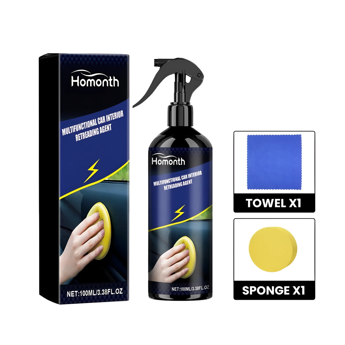 Car interior retreading agent set with 7x17cm bottle, yellow sponge 6.8x6.8x2.5cm, and 20x20cm towel