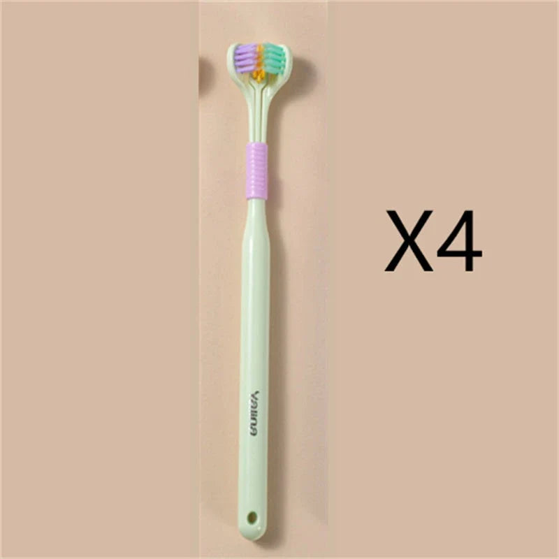 A soft bristle toothbrush with a unique triple-sided brush head for deep cleaning and customizable bristle firmness.