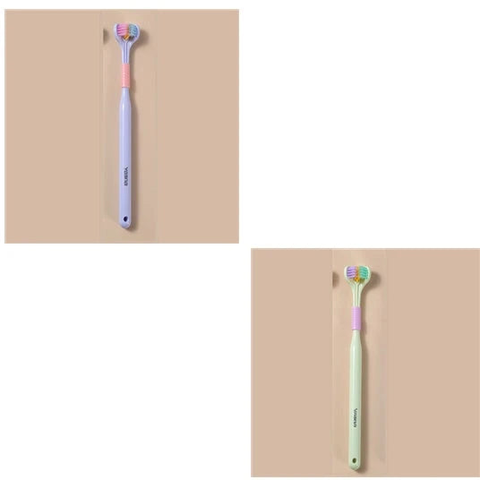 A soft bristle toothbrush with a unique triple-sided brush head for deep cleaning and customizable bristle firmness.