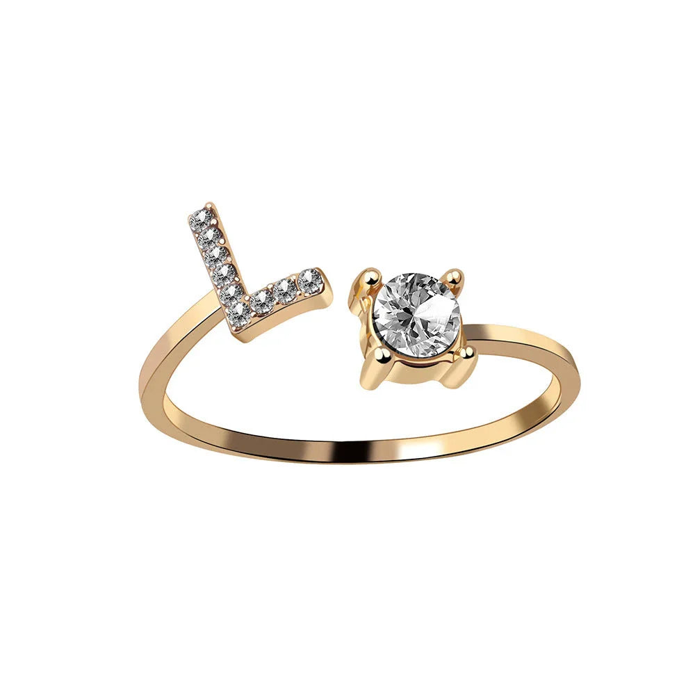 Personalized Initial Letter Crystal Ring with Adjustable Design in Gold, Silver, and Rose Gold Colors