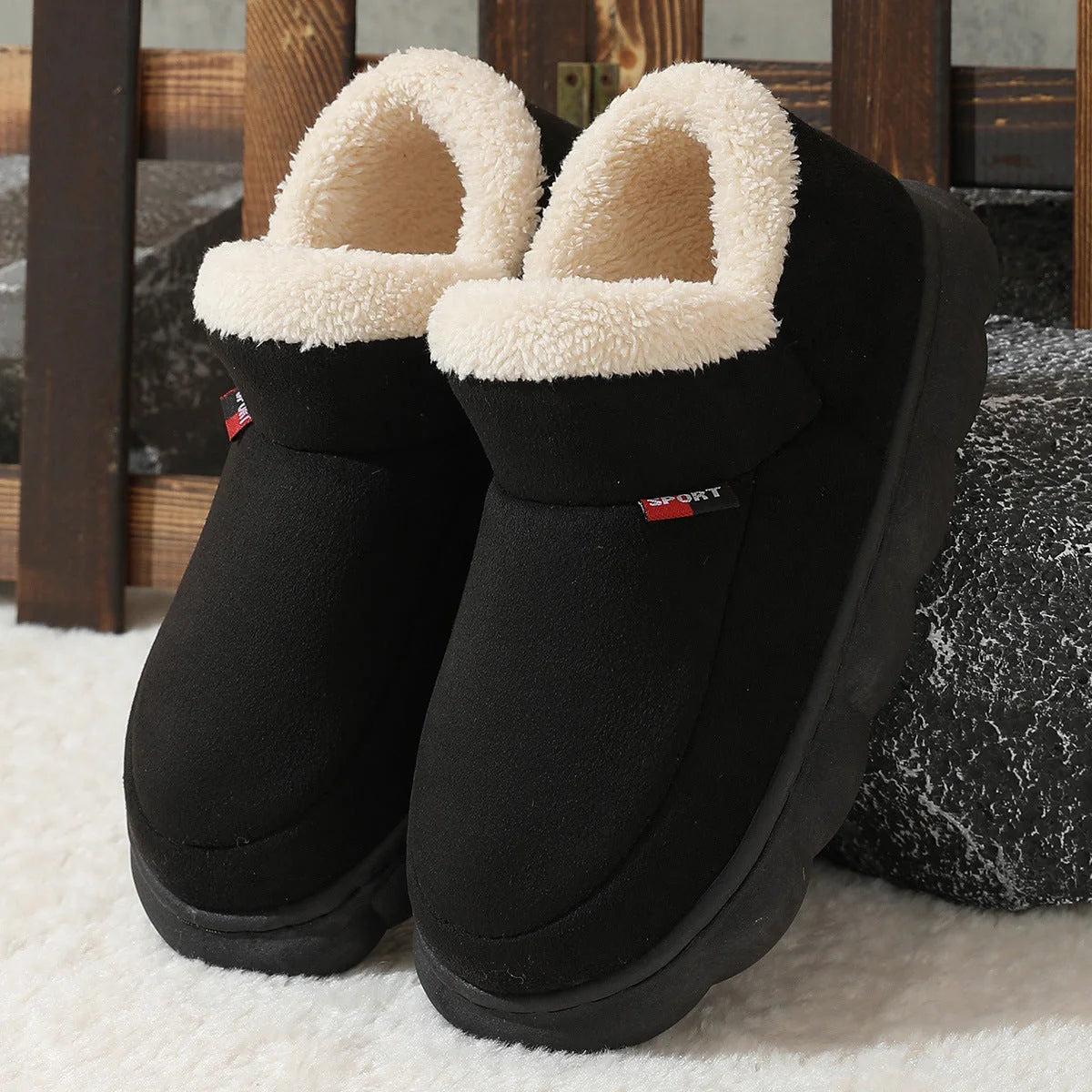 Cosy velvet house slippers for men and women, featuring plush velvet upper, suede lining, and durable rubber soles