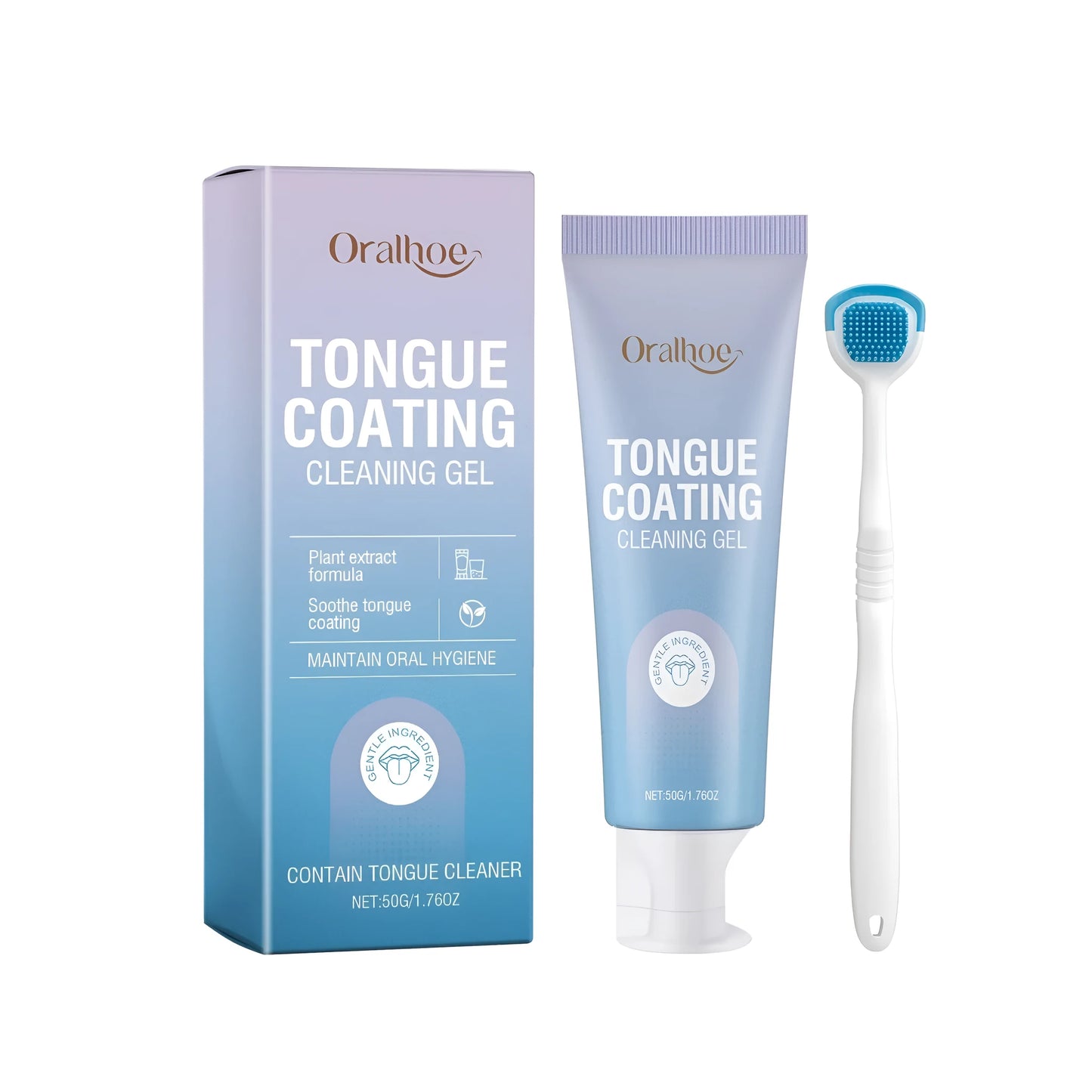 A 50g tube of tongue coating cleaning gel and a matching tongue brush for oral hygiene.