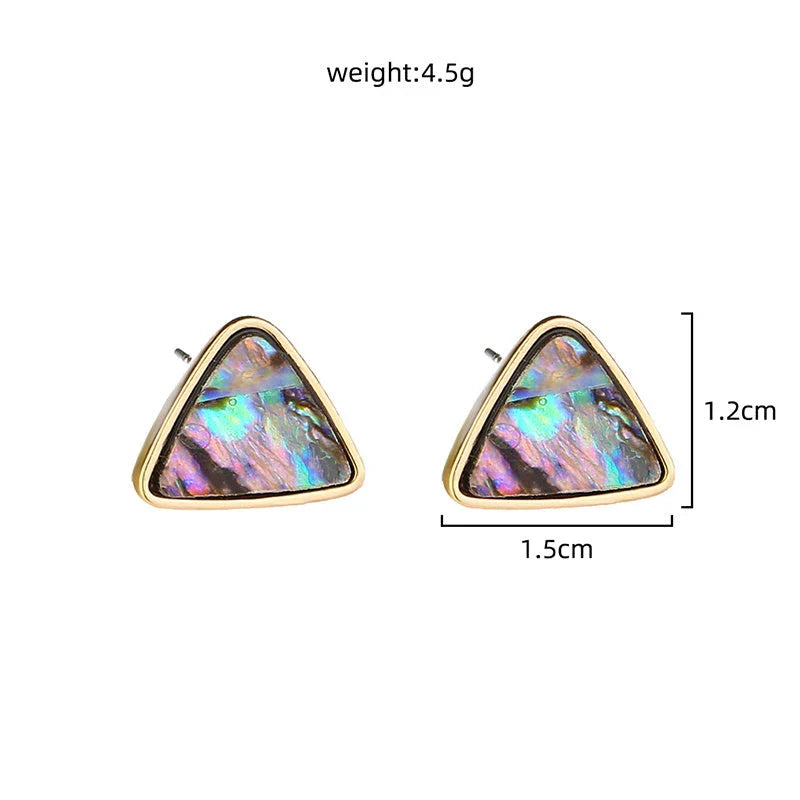 Triangular earrings with natural abalone shell set in a sleek zinc alloy frame