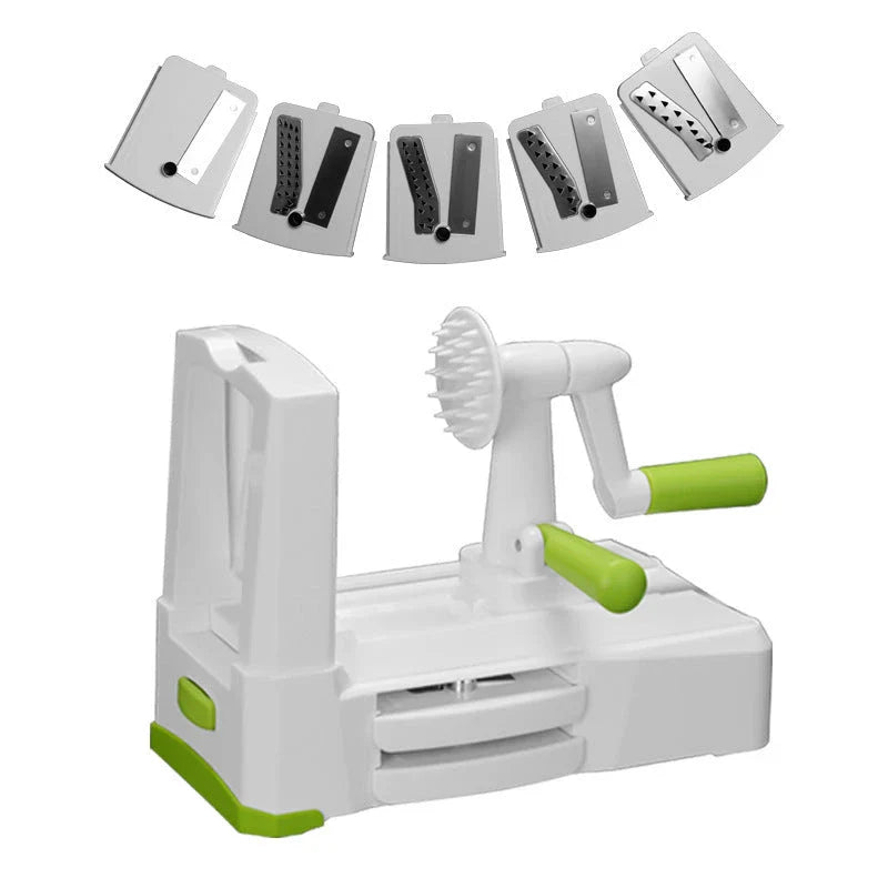 Versatile hand-powered vegetable slicer with interchangeable blades, suction base, and protective hand guard for effortless, safe meal prep
