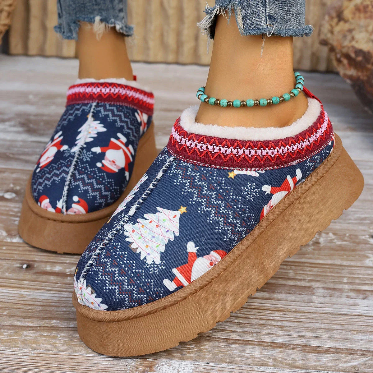 Cozy winter ankle boots featuring festive Christmas prints and plush lining for women
