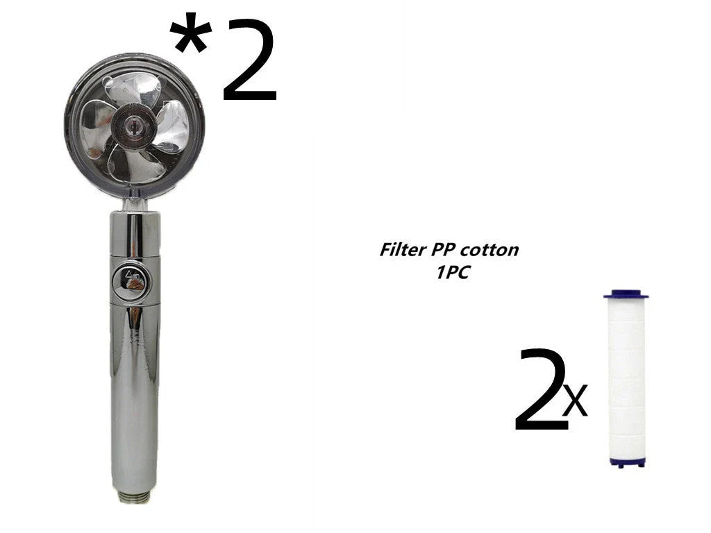A high-pressure handheld shower head with a turbo-charged water flow and a cotton filter for a luxurious, spa-like bathing experience.