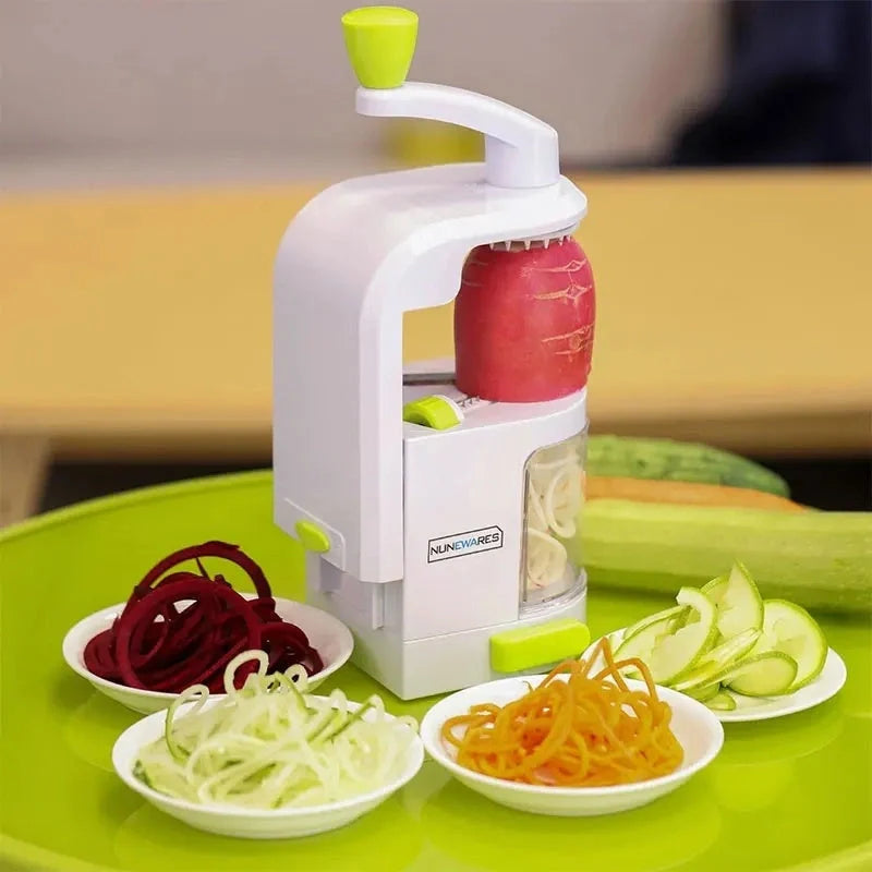 Multifunctional mandoline slicer with suction base and four drum blades for versatile kitchen prep.