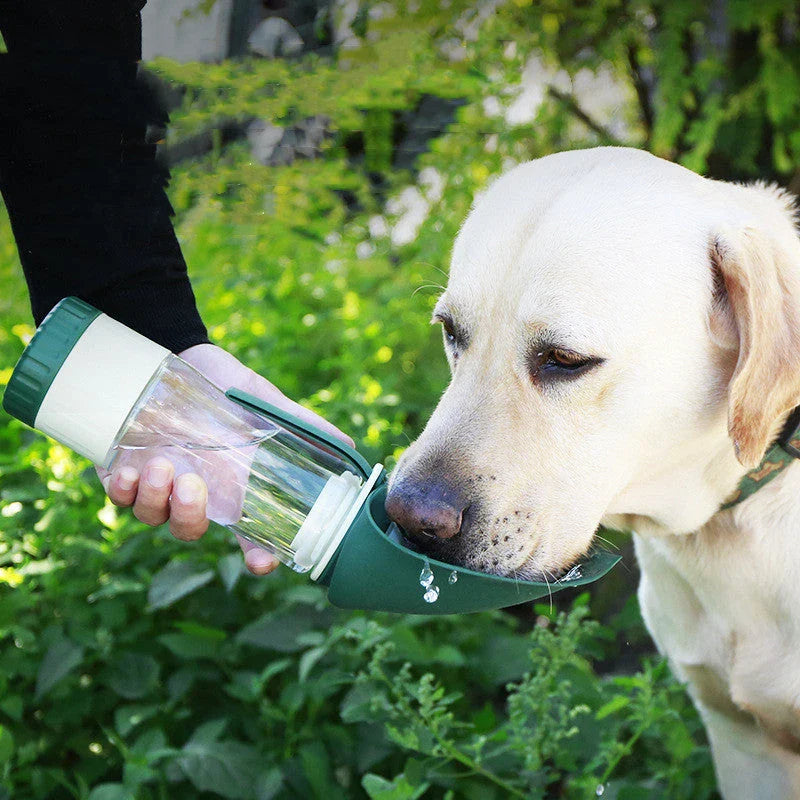 Multifunction pet water bottle with collapsible feeding bowl in green, grey, and blue colors for hydrating and feeding pets during travel and outdoor activities