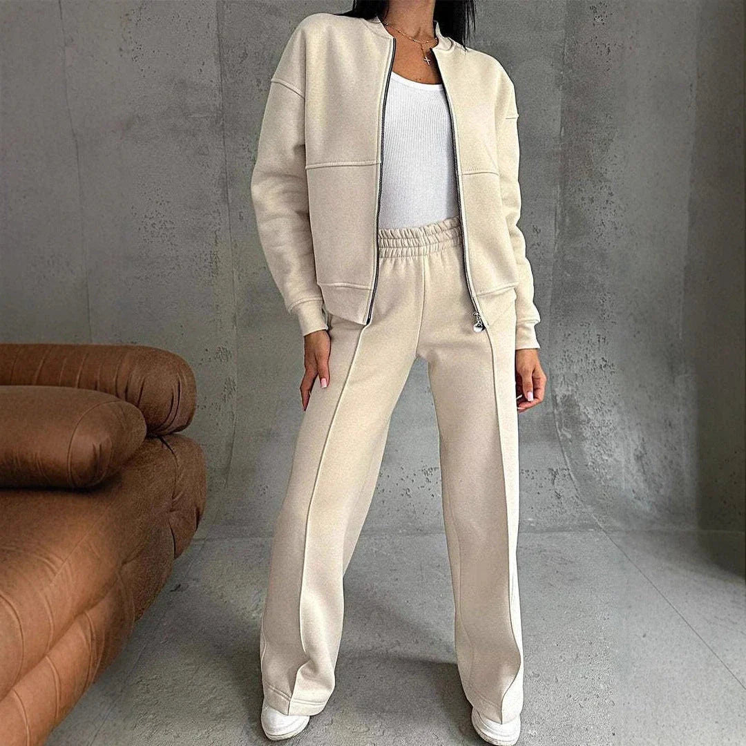 Women's stylish two-piece sports suit with zip-up jacket and wide-leg pants in a variety of colors