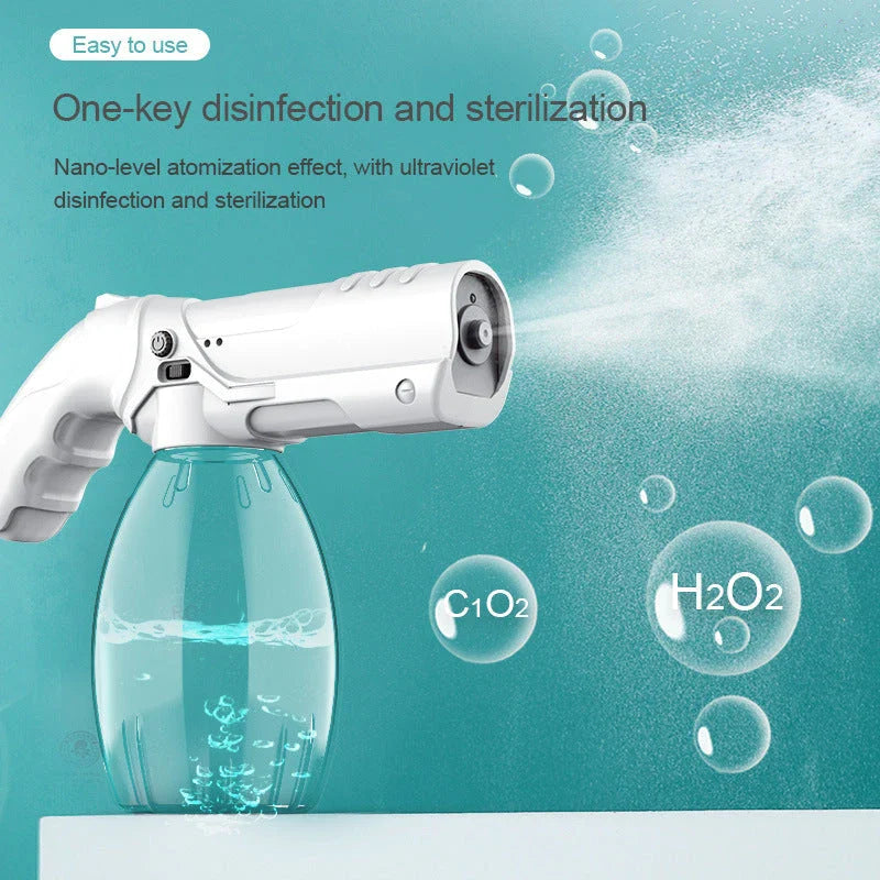 Cordless blue light nano spray gun with 800ml tank, nano-level atomisation, and long-lasting battery life for indoor and outdoor disinfection