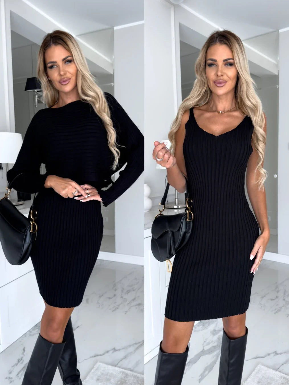 Stylish 2-piece outfit featuring a long-sleeve striped top and suspender skirt in various colors