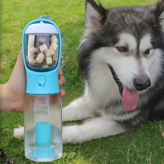 Multifunctional pet water bottle with built-in poop bag dispenser, available in turquoise, pink, and white colors