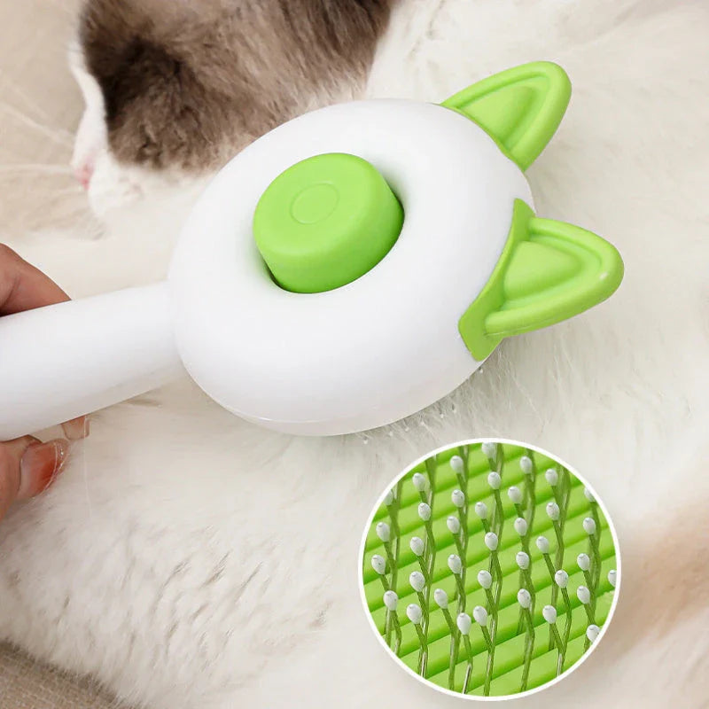 Dual-purpose pet grooming brush with self-cleaning design, available in greenish white and orange white colors