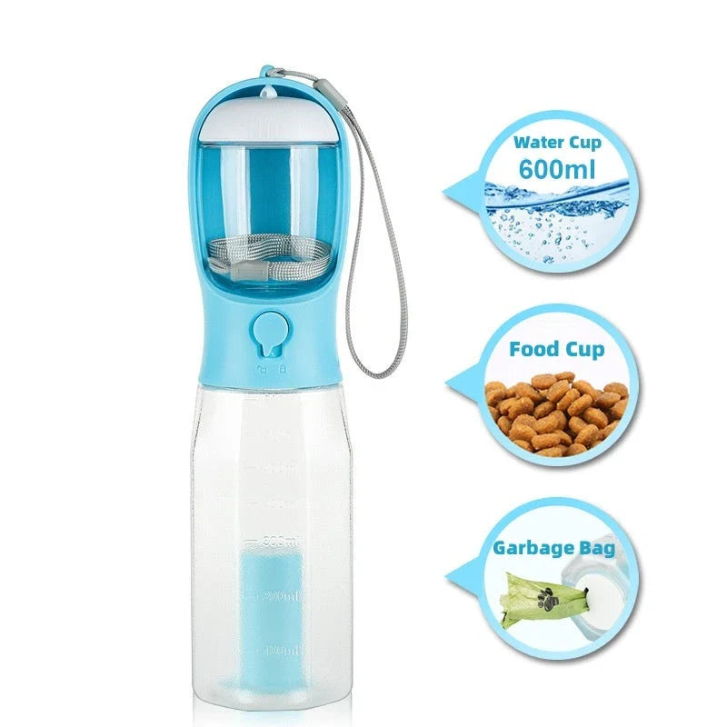 Multifunctional pet water bottle with built-in poop bag dispenser, available in turquoise, pink, and white colors
