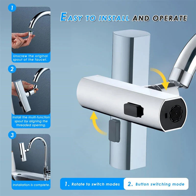 Premium waterfall kitchen faucet with versatile water modes, including waterfall, strong pressure, scraper, and gentle shower settings