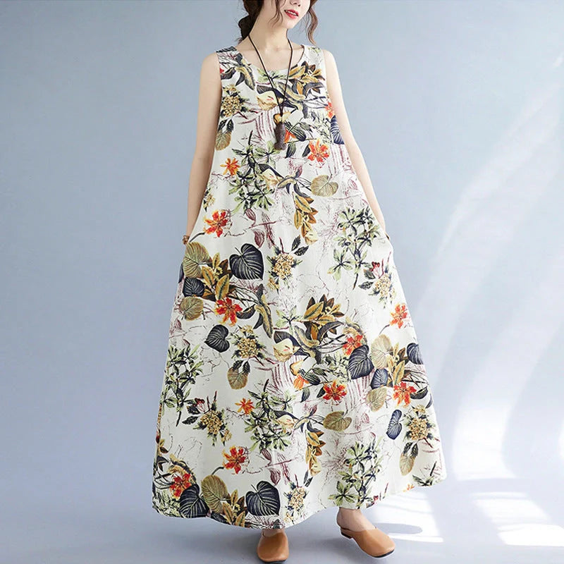 Elegant cotton linen dress in classic colours, featuring a sleeveless design and a loose waist silhouette for a flattering fit.