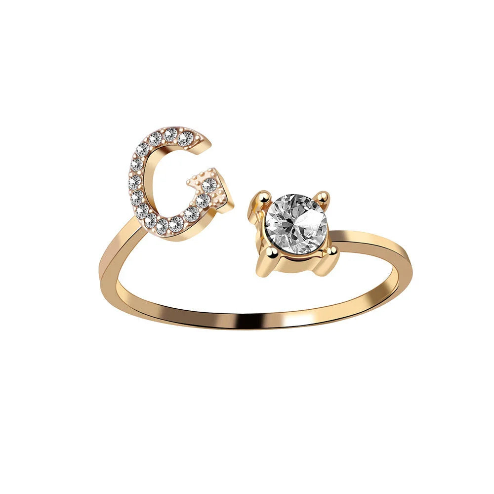Personalized Initial Letter Crystal Ring with Adjustable Design in Gold, Silver, and Rose Gold Colors