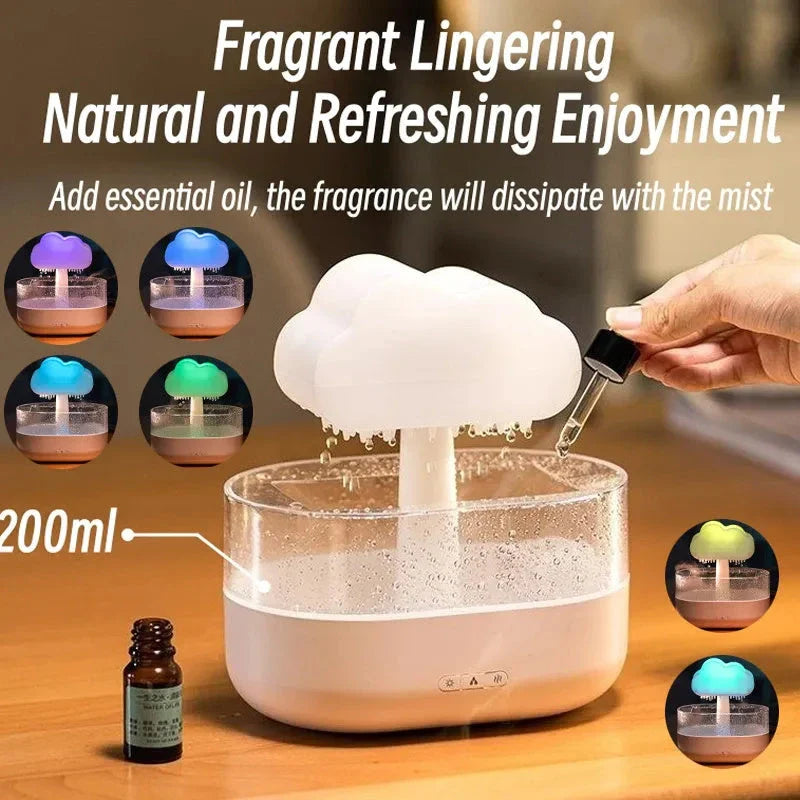 Cloud-shaped humidifier with color-changing LED lights, designed for improved air moisture and aromatherapy enjoyment