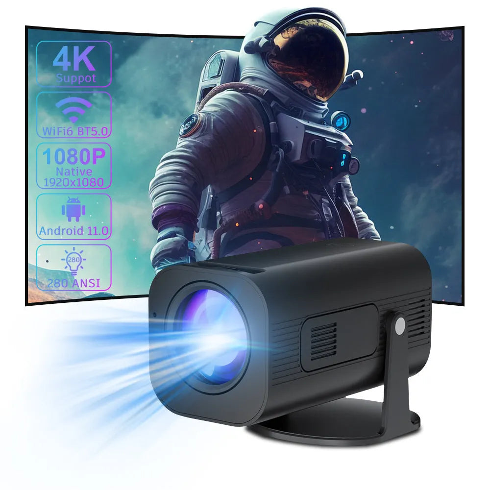 P330 portable mini projector in black or white with remote control on a table.