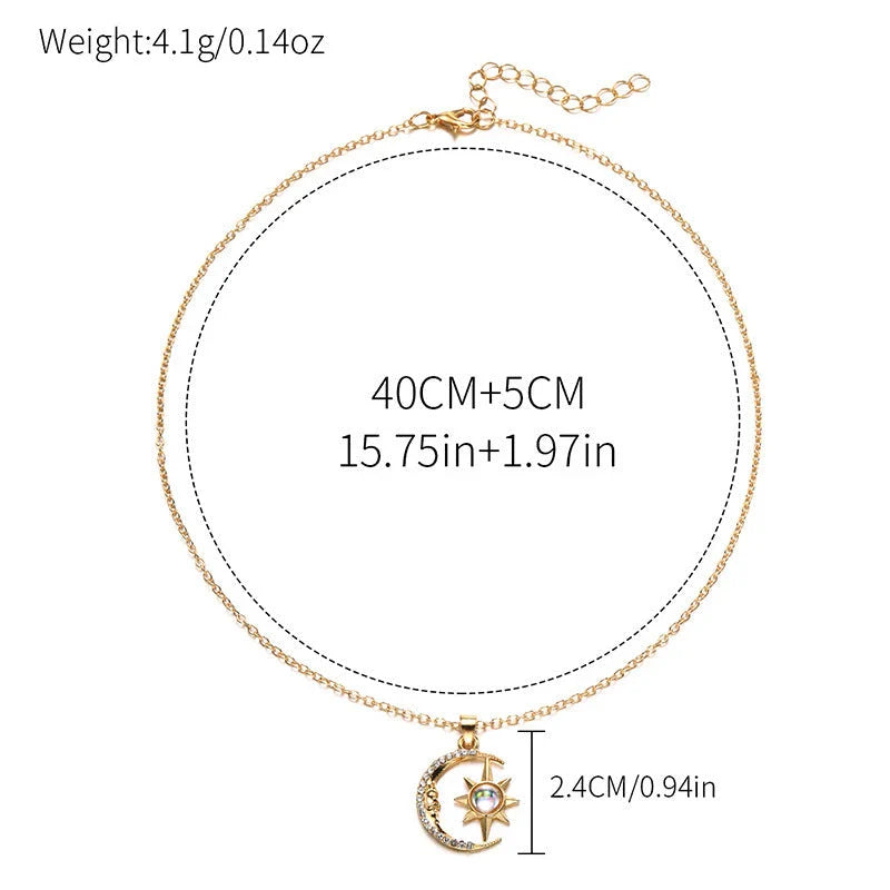 Stylish moon and star zircon pendant necklace with a dazzling celestial design and stainless steel construction
