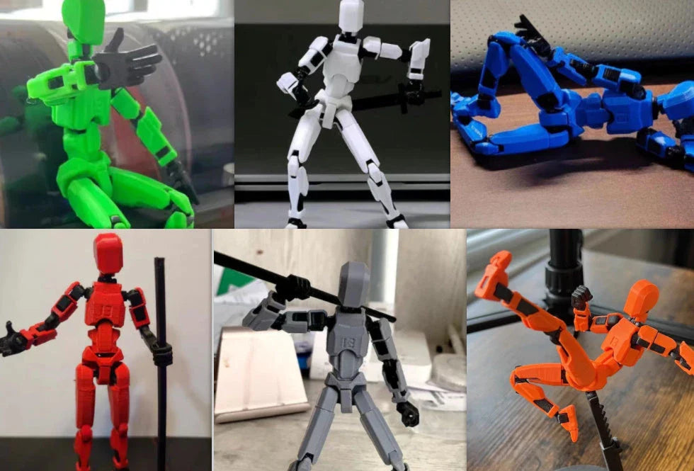 Customizable 3D printed multi-jointed action figure robot toy in various vibrant colors