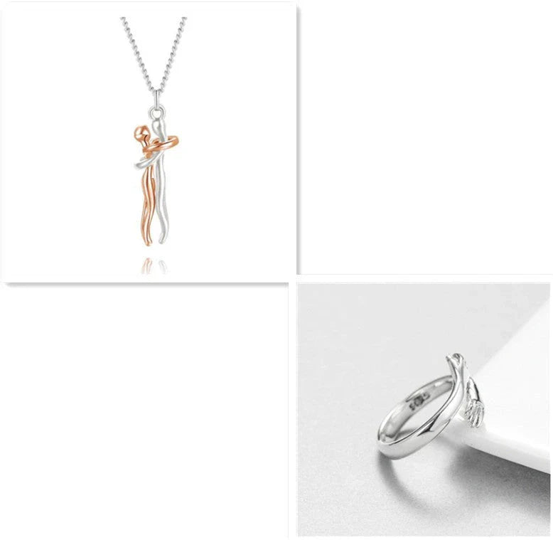 Stylish embracing pendant necklace in various colors, including rose gold, white black, black gold, and more. Minimalist design with a delicate chain.