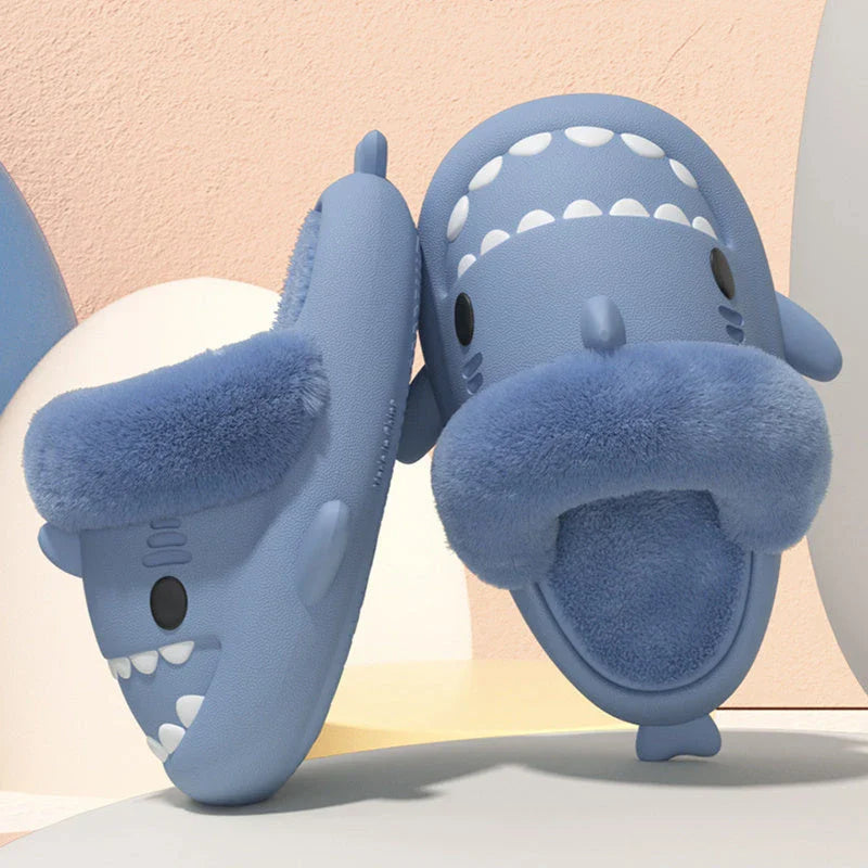 Cozy shark-inspired slippers with plush material and durable EVA soles for comfortable indoor and outdoor wear