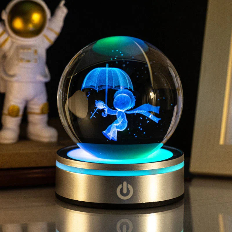 Luminous crystal ball with various celestial-inspired designs, including the Milky Way, Solar System, and Constellation.