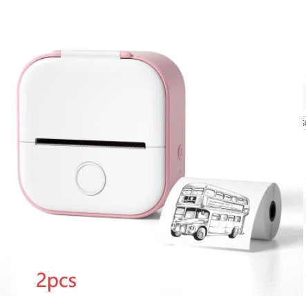 Compact Bluetooth-enabled thermal label printer in white, pink, and green colors with various label options