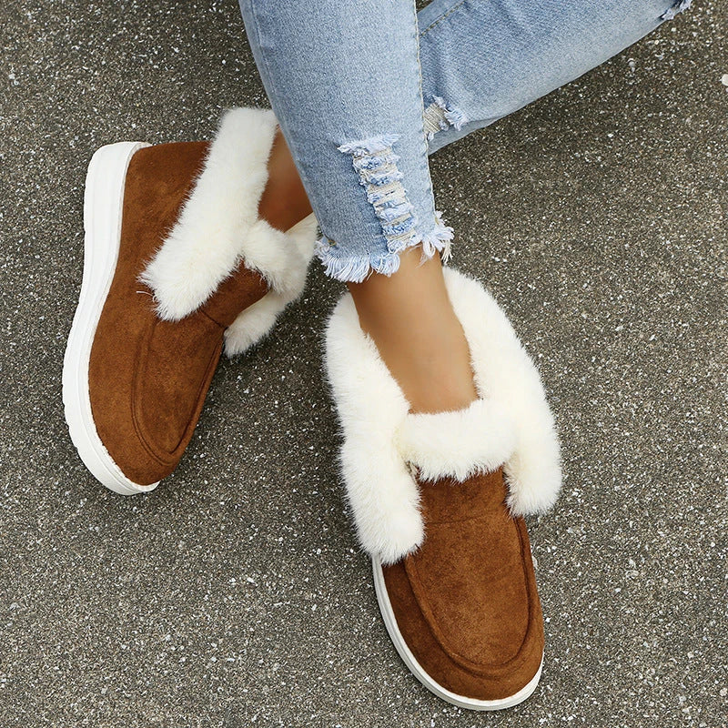 Cozy Winter Ankle Boots for Women in Black, Grey, and Brown colors with plush fur lining and low-heel design