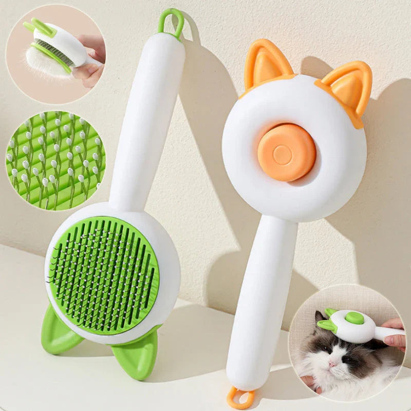 Dual-purpose pet grooming brush with self-cleaning design, available in greenish white and orange white colors