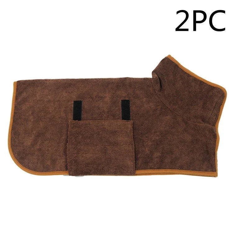 Absorbent pet drying robe with adjustable waist wrap, made of premium microfiber and terry cloth for quick drying and comfort
