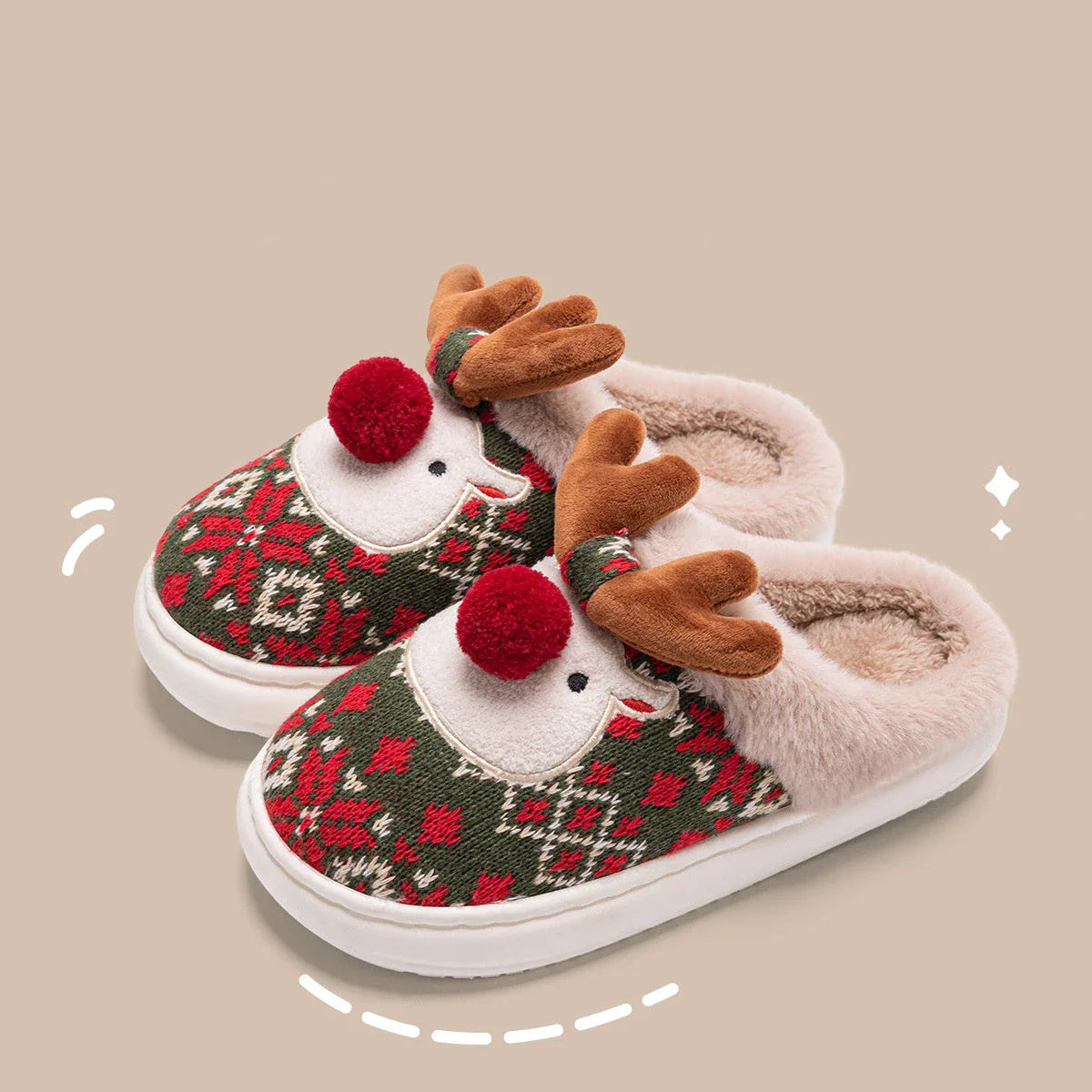 Cozy elk-themed Christmas slippers in green and red colors, featuring a plush, fuzzy design and non-slip sole for comfortable indoor wear
