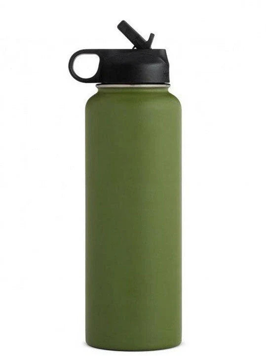 Stainless steel insulated water bottle with wide mouth and push-button lid for hot and cold beverages