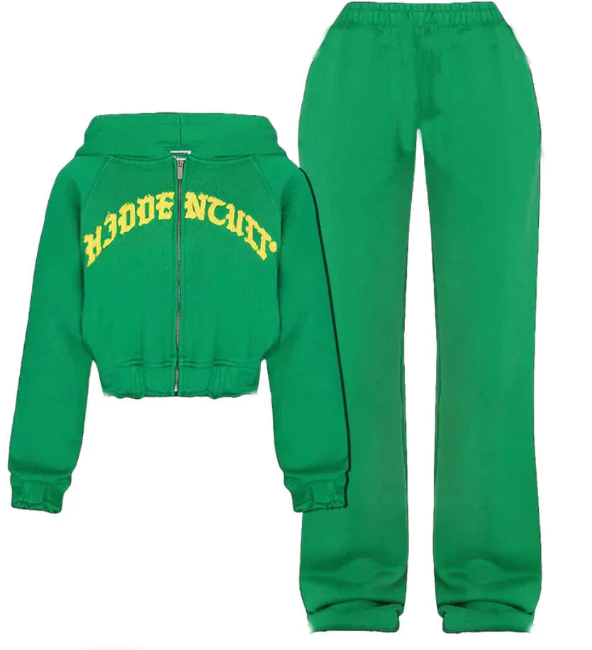 Stylish athleisure set featuring a zip-up sweatshirt with 3D pattern and comfortable drawstring pants in various colors